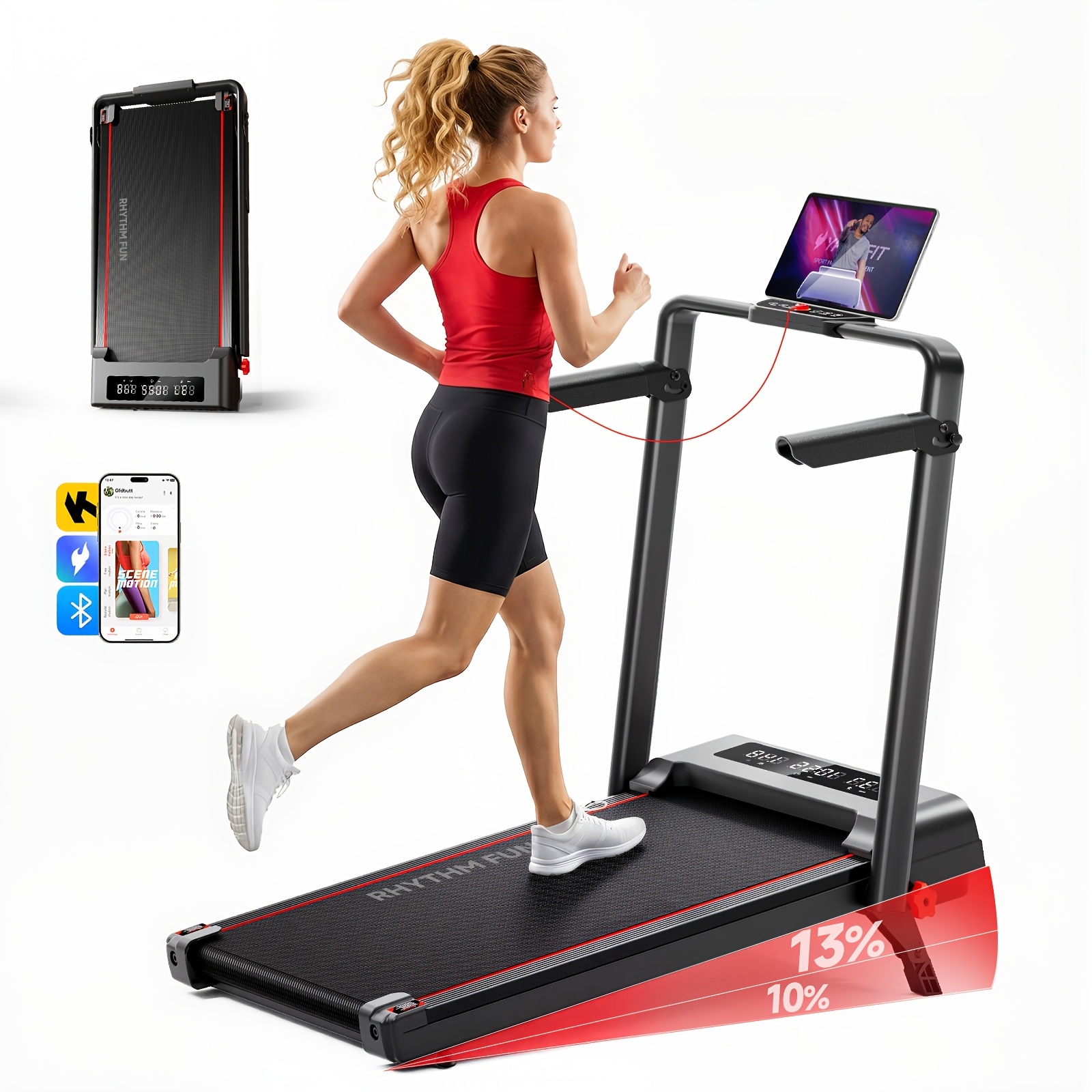 TEMU Tapis de course inclinable pliable , tapis de marche avec barre d', 3 niveaux d'inclinaison, tapis de course portable de 300 lb pour bureau à
