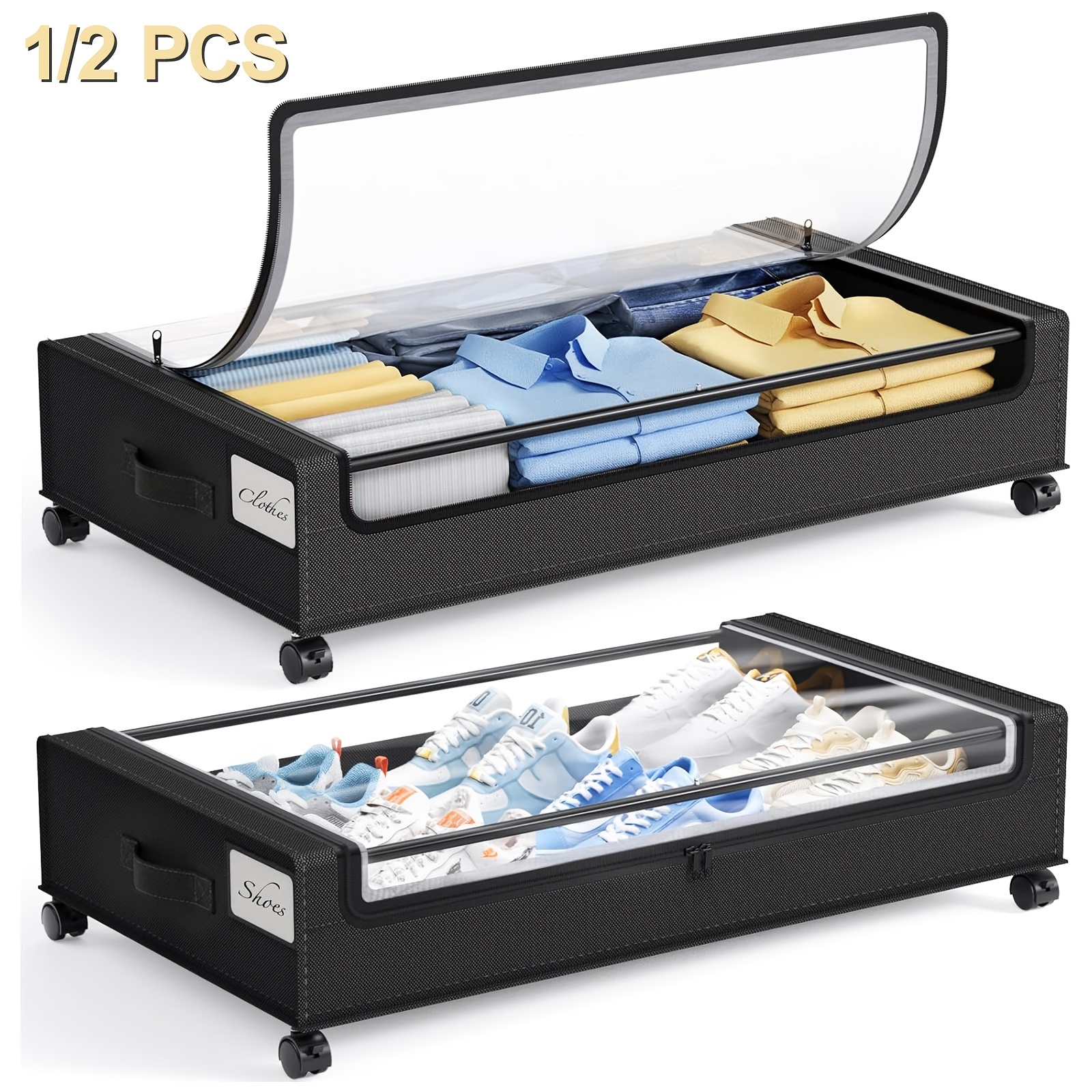 Boîte de rangement XXL de 60 litres (15,85 gallons) à roulettes pour sous le lit, organisateur transparent de grande capacité avec conception multi-compartiments pour vêtements, literie, chaussures et livres, conteneur de rangement ménager peu encombrant sous le lit