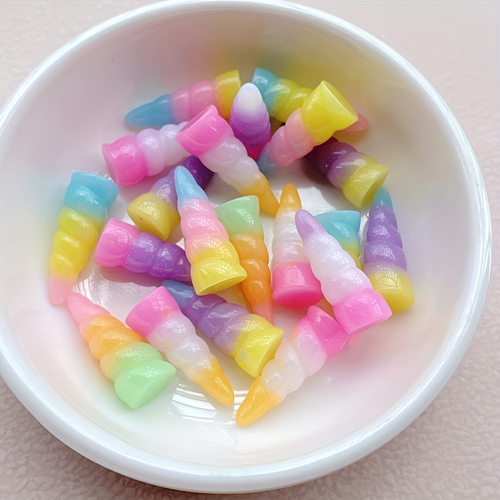 Image of 10/20pcs Resin Cartoon Gradient Resin Unicorn Horn Cabochons - Glittery Multicolor Flatback Charms For Making, Scrapbooking, And Craft Decorations