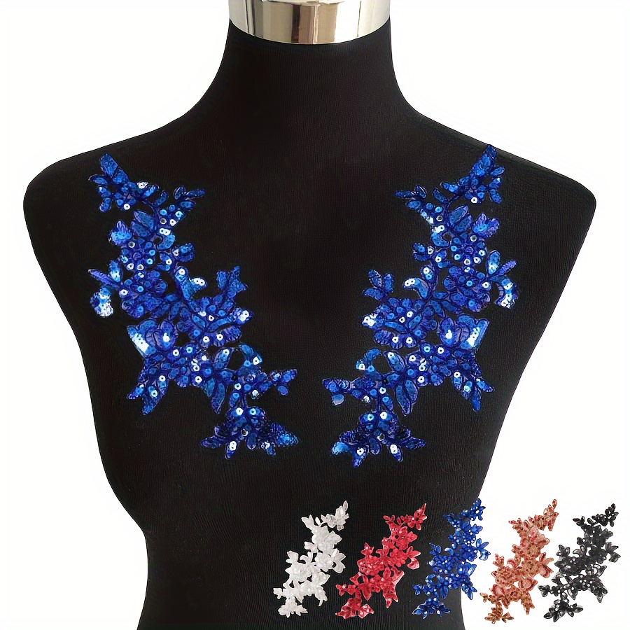 

2pcs Elegant Sequin & Bead Appliques In Royal Blue - Fine Mesh Lace, Sparkling For Diy Wedding Dresses, Party Headwear, And Scarf Embellishments, 10.23x4.33 Inches, Wedding Accessories