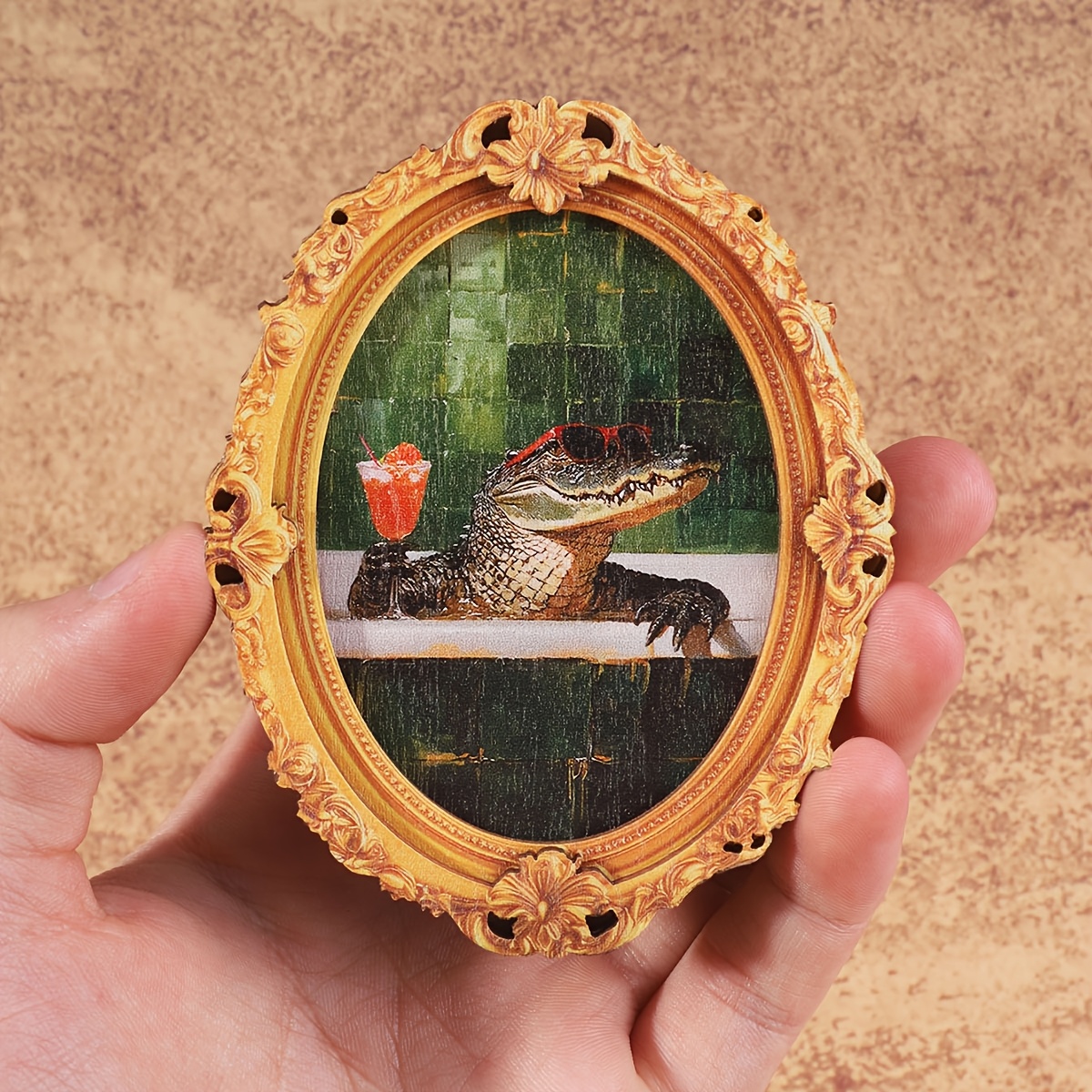 TEMU A Refrigerator Magnet Featuring A Bathtub Crocodile Design, In A Vintage Oval Shape, Resembling A Mini Photo Frame, Serves As A Fun Home Decor Item And A Great Holiday Gift