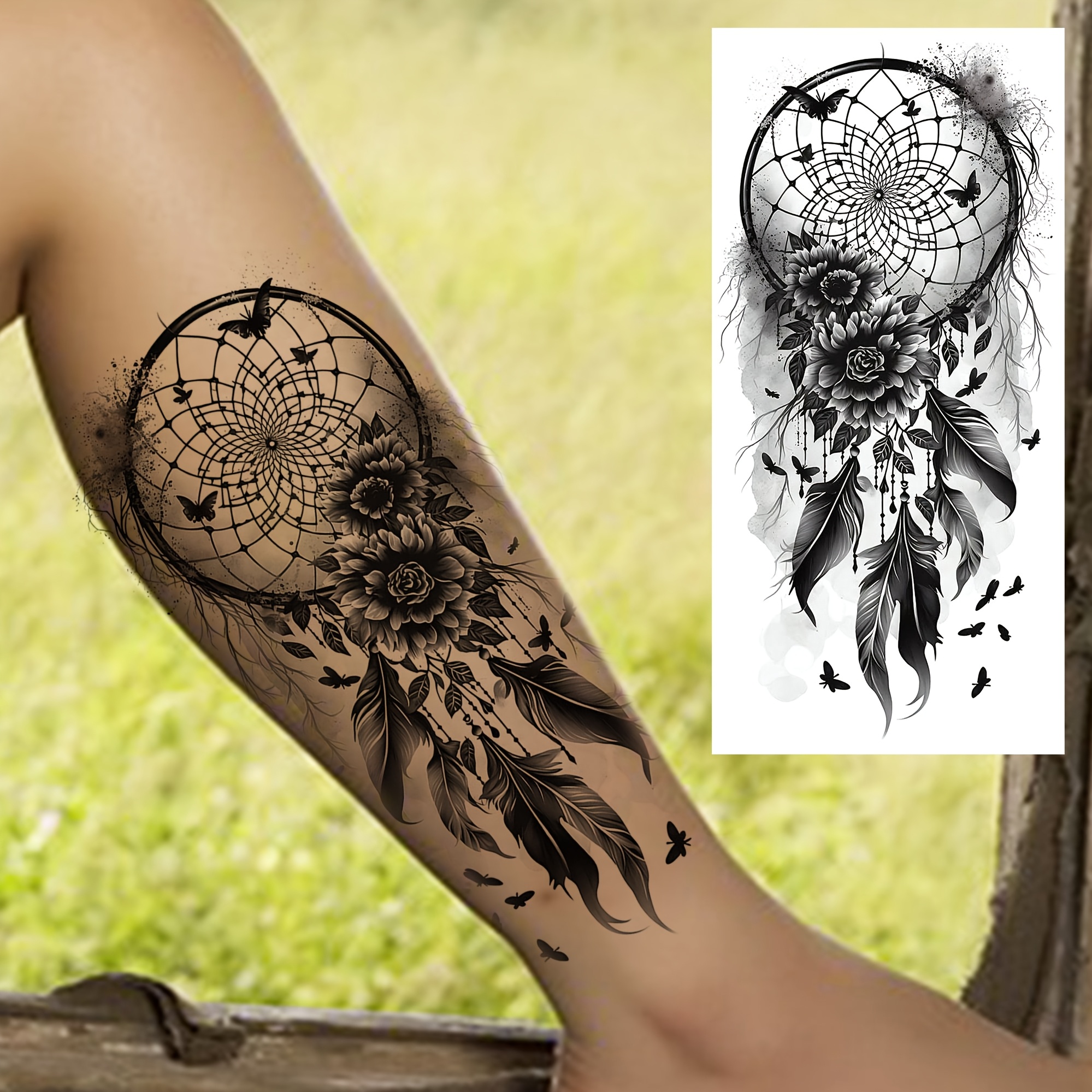 A Temporary Tattoo Featuring A, Feathers, And Peony Flowers For Men And Women, Suitable For Adults. On The , Forearms, Calves, And Thighs, And Is Designed To Be Realistic, Long-lasting, And Waterproof