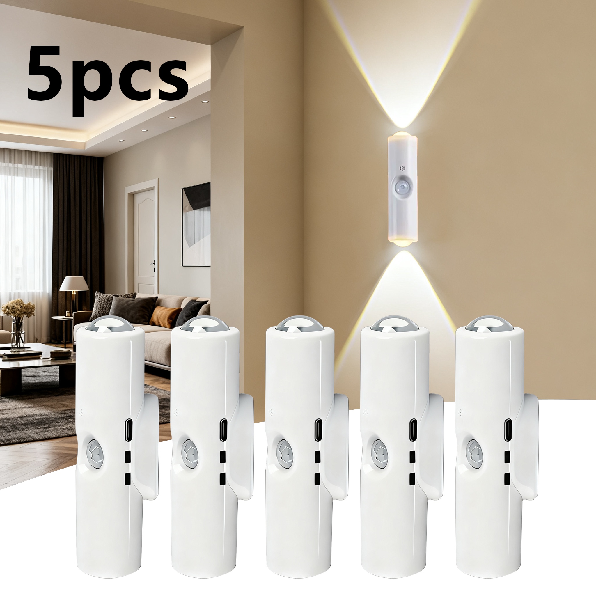 TEMU 5-teiliges Set weiße neue zweiköpfige Katzenauge-LED-Nachtlichter, moderne intelligente Sensorbeleuchtung mit Farbverlauf für Licht Schatten für