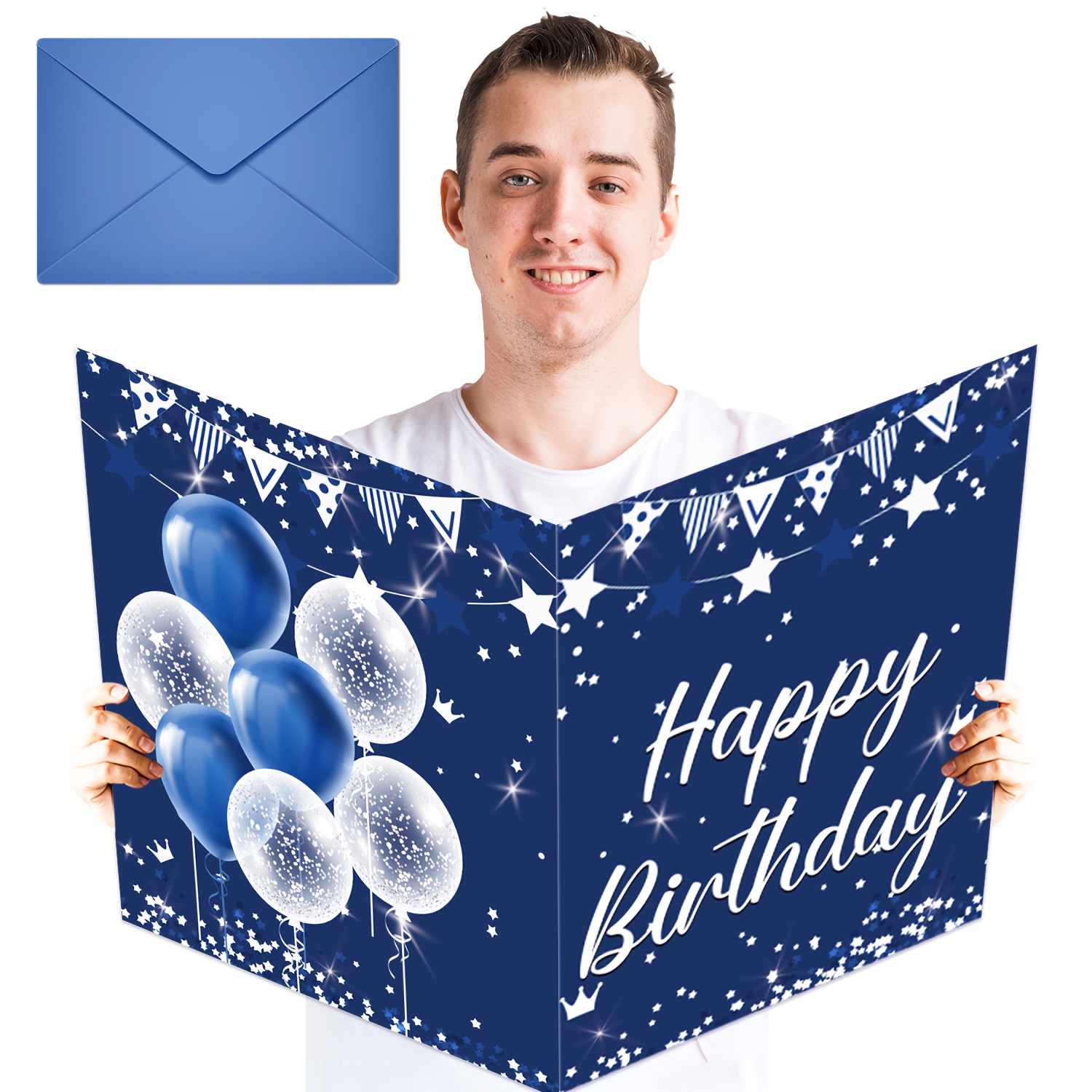 1pc extra large blue birthday greeting card with envelope 22x14 inches sparkling stars and balloons design   milestone birthdays graduations and party celebrations greeting cards for occasions