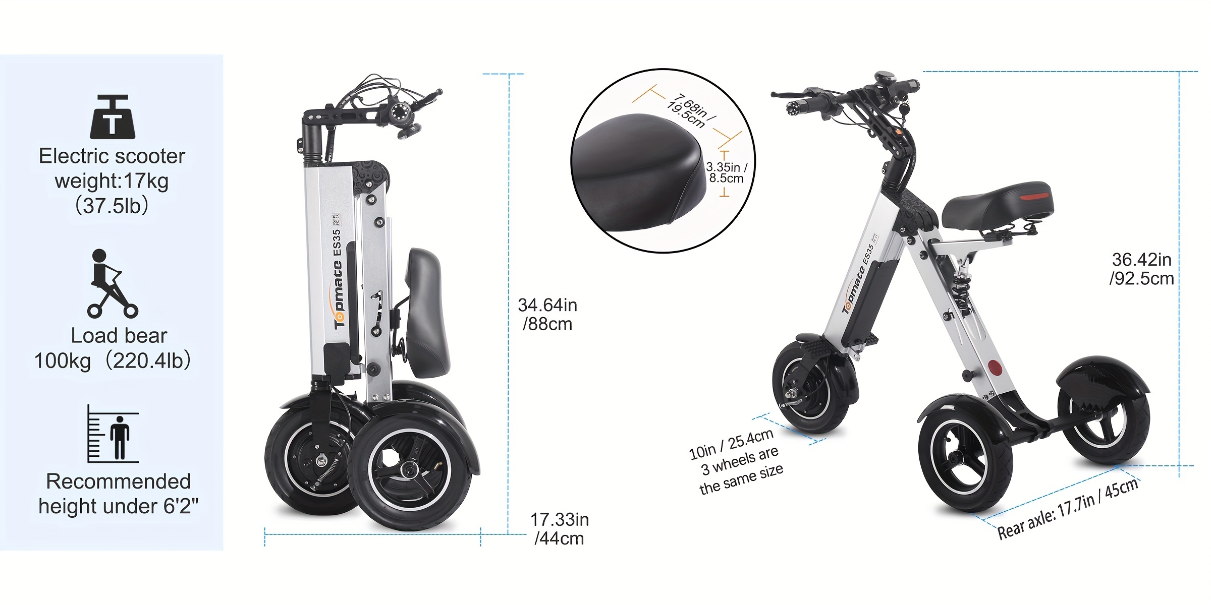 Topmate ES35 Elektrisch Fiets, 25.4 cm Opvouwbaar Driewieler met Volwassenen Zadel, Uitgerust met Afneembare 36V 7.8AH Accu, Drie Snelheden Verstelbaar, Achteruitrijfunctie en Knopschakelaar