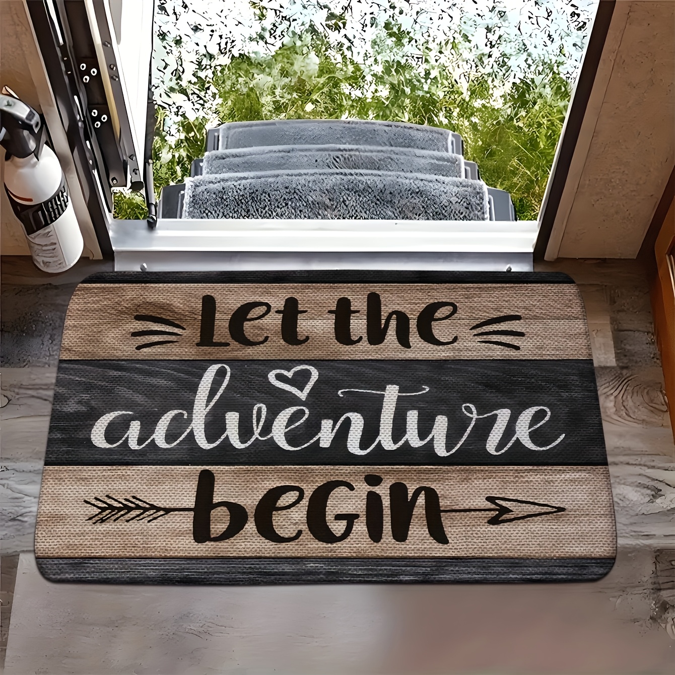 TEMU 1pc Let The Adventure Begin Suitable For Campers Rv Mat - Machine Washable Indoor/outdoor Mat With Rustic Wood Plank & Arrow Design, Pvc Backing