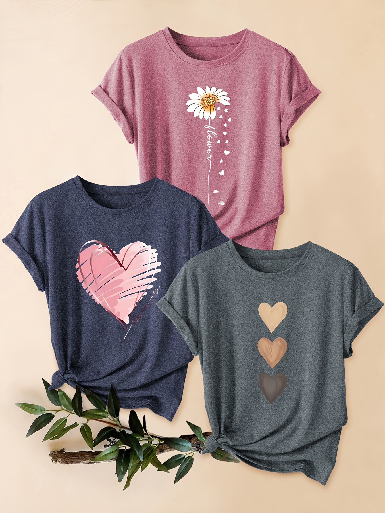 3pcs womens vintage inspired graphic tees floral heart   short sleeve t shirts   round neck   for spring summer fall olive green teal lavender seasonal fashion   lightweight tee printed top style enthusiasts