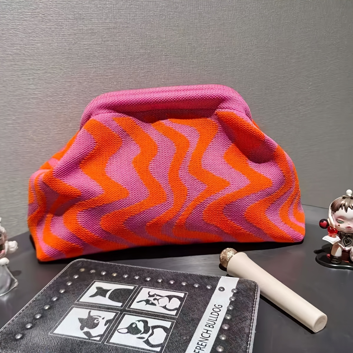 TEMU Women's Clutch Bag, Travel Knitted Clutch, Fashionable Striped Makeup Bag With Large Capacity, Versatile Daily Contrast-color Clutch With Clasp,