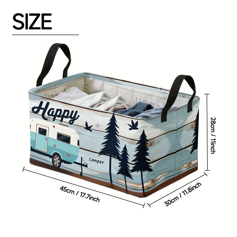 TEMU 1pc Extra Vintage Trailer Forest Design Large Square Storage Bin With Metal Frame, Foldable Oxford Organizer & Collapsible Laundry Hamper For