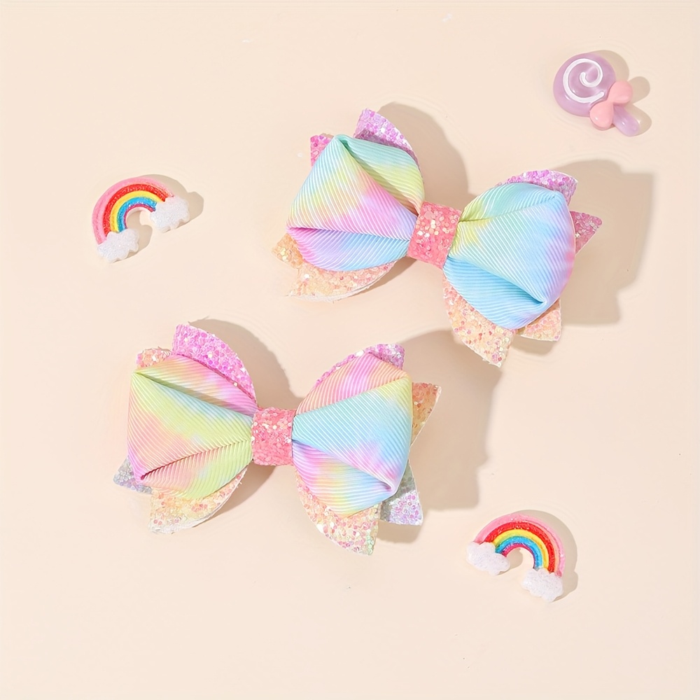 2pcs Gradient Color Hair Bows For Colorful Glitter Hair Clips Handmade Cute Pillow Shape Bows Hair Accessories Gifts For Little