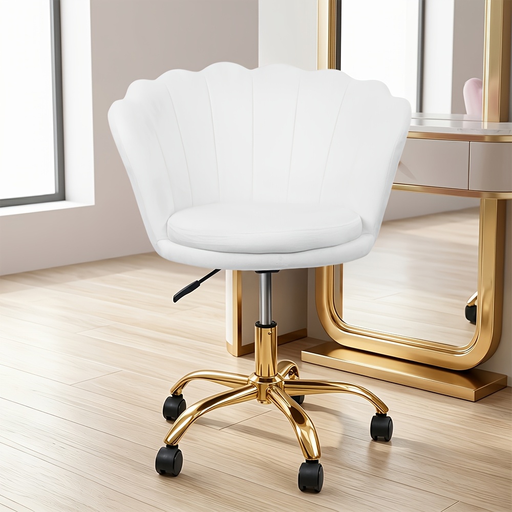 Ergonomic Office Chair - Manual Height Adjustable (72-83cm) And Swivel Task Chair With Round Seat (40cm) And Golden Metal Legs, For Home Office And Study In White, Pink