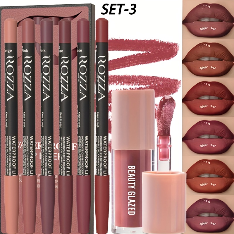 7pcs Lip Liner + Lip Glaze Set, Matte Long-lasting Waterproof Effect, Moisturizing And Natural Lip Makeup