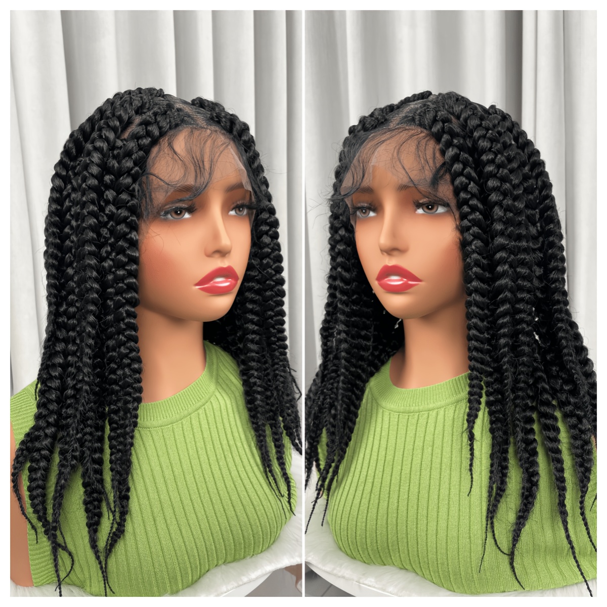 Short Black Jumbo Twist Braided Wig For Women, Handmade Full Lace Wig With Large Square Part, Lightweight Chunky Twist Braids, Heat Resistant Synthetic Hair For Daily Wear, Party & Costume