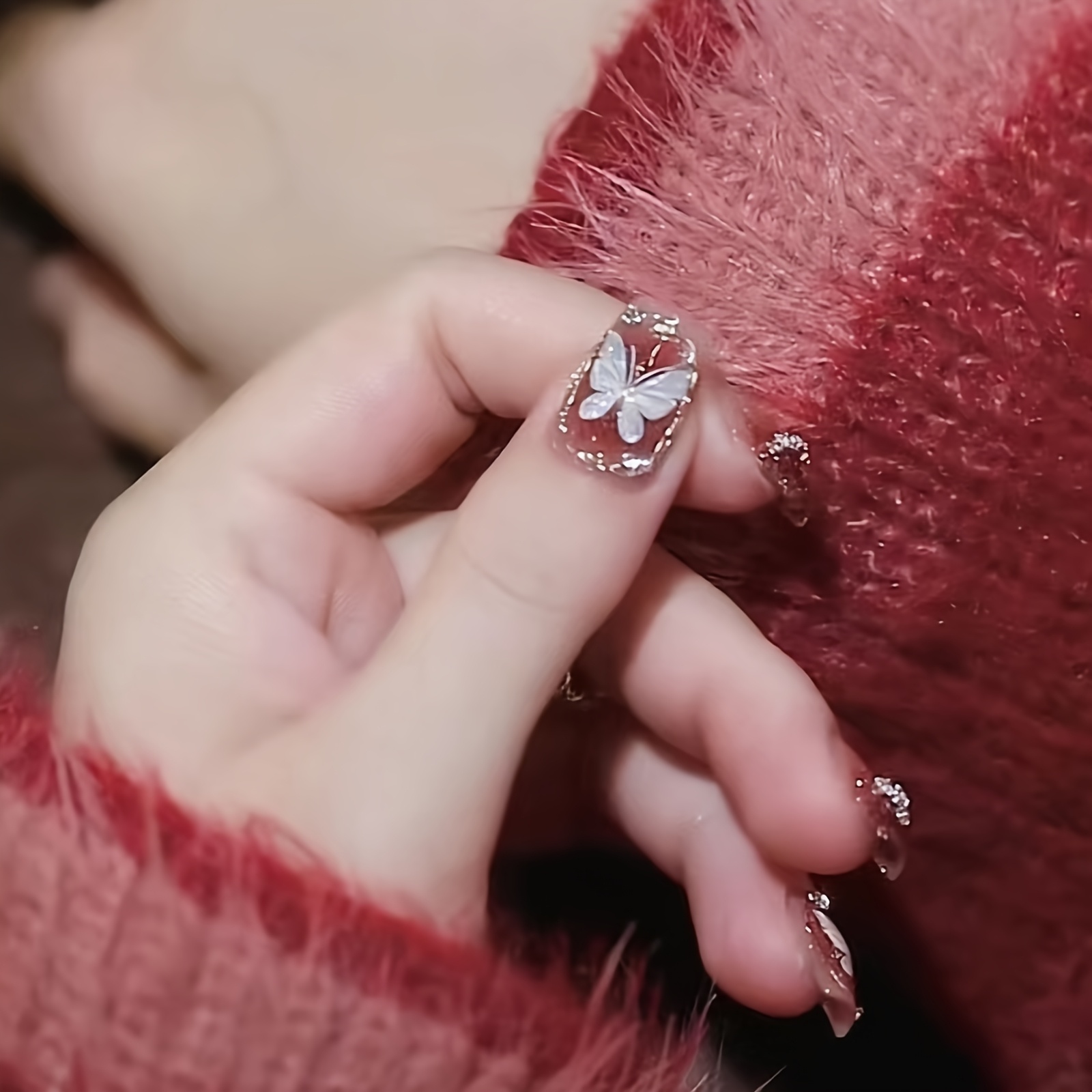 30pcs french burgundy gradient   nails with white   print glitter   design short   press on nails for women   wear prom wedding cute nails wedding accessories glittering accents Product details 1