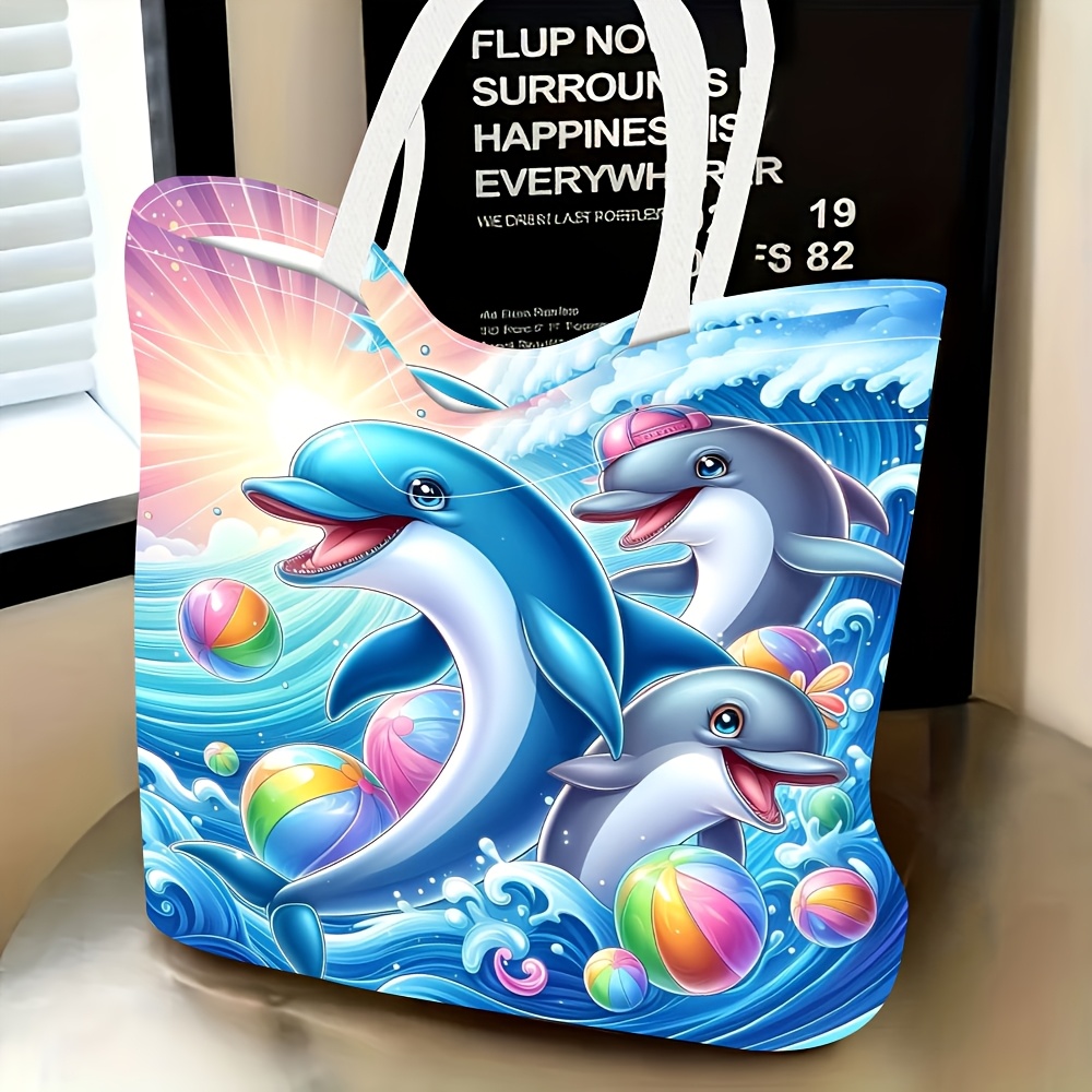 TEMU 1pc Casual Stylish Ladies Travel Tote Bag Featuring Lovely Cartoon Ocean Waves Colorful Balls Print For Daily Outdoor Shopping Use