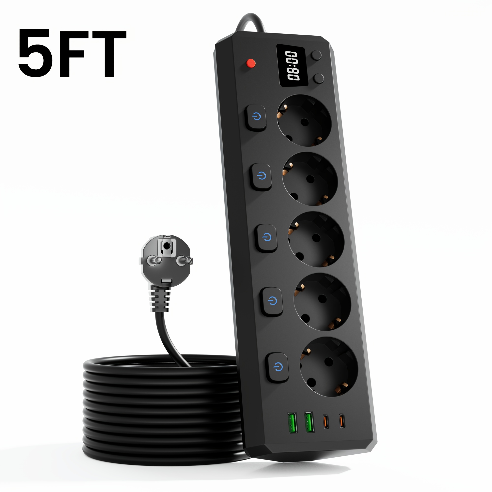 Image of Eu Strip With Digital Clock Display 5ac 2type-c, Multi- Use For Home Office , Black White Optional
