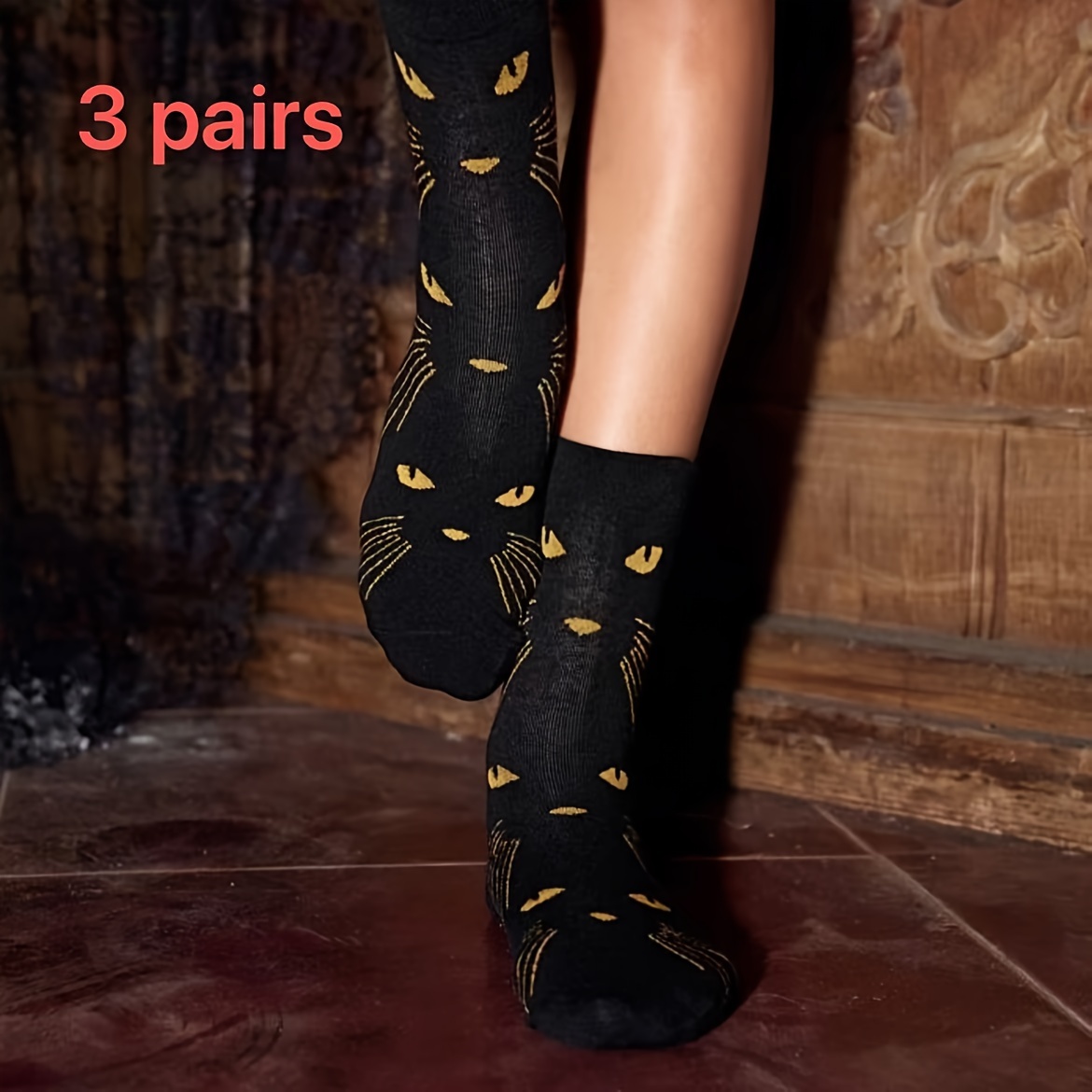 

3 Pairs Cat Face Pattern Mid Tube Socks, Funny Comfy & Breathable Mid Calf Socks, Women's Stockings & Hosiery