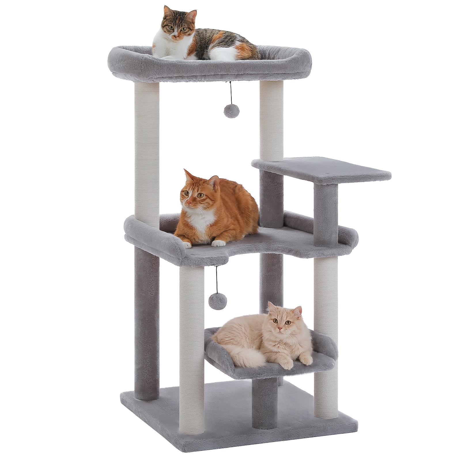 Image of Road 113 Cm Cat Tree For Indoor Cats, Multi-level Cat Tower With Spacious Top Perch, Large Bed, Scratching Posts And Pom Pom Toys, Green, Gray, Beige
