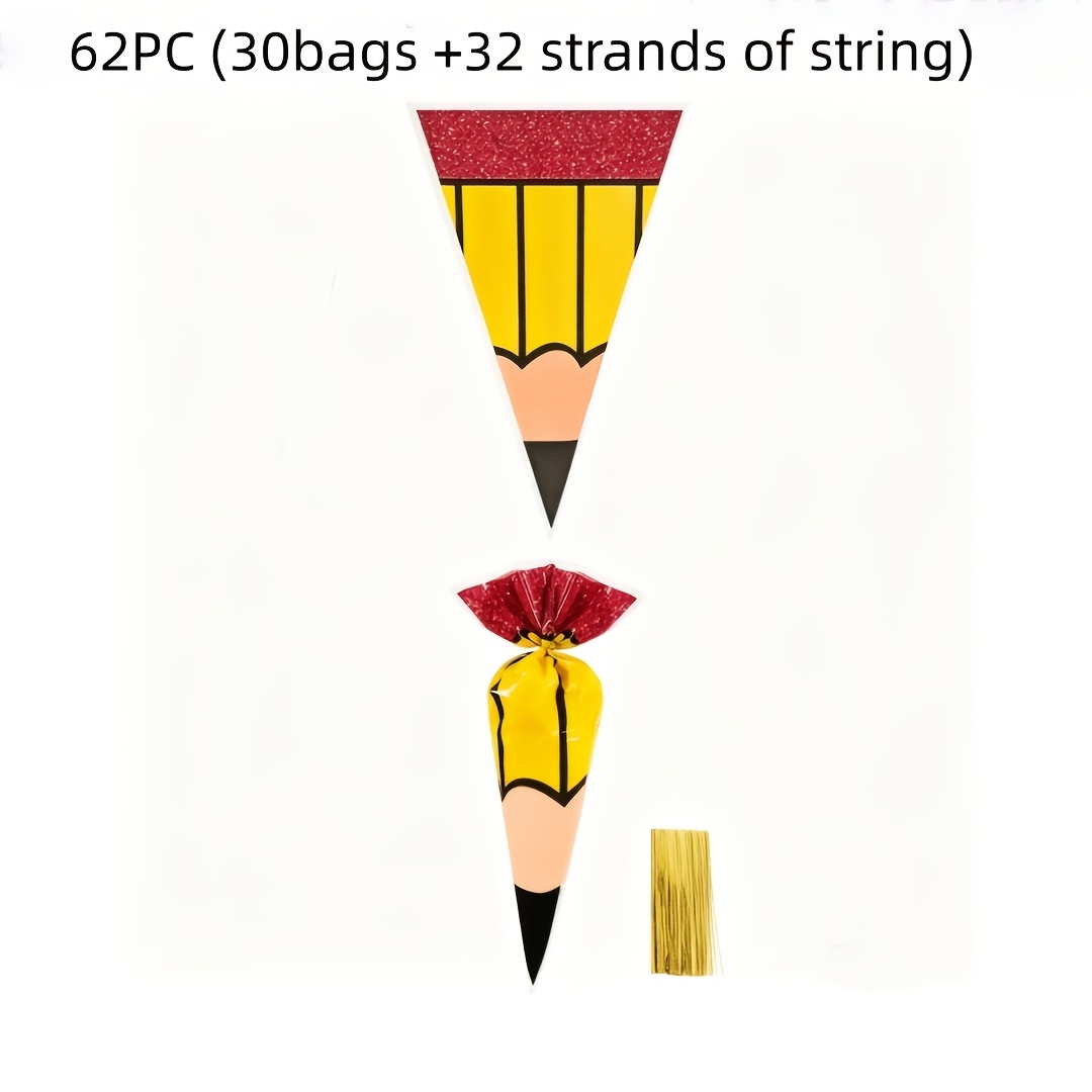 TEMU 31pcs/62pcs (glass Paper Bags With Twine) Triangular Gift Packaging Glass Paper Bags, Pencil Pattern, Essential For School Back-to- Graduation