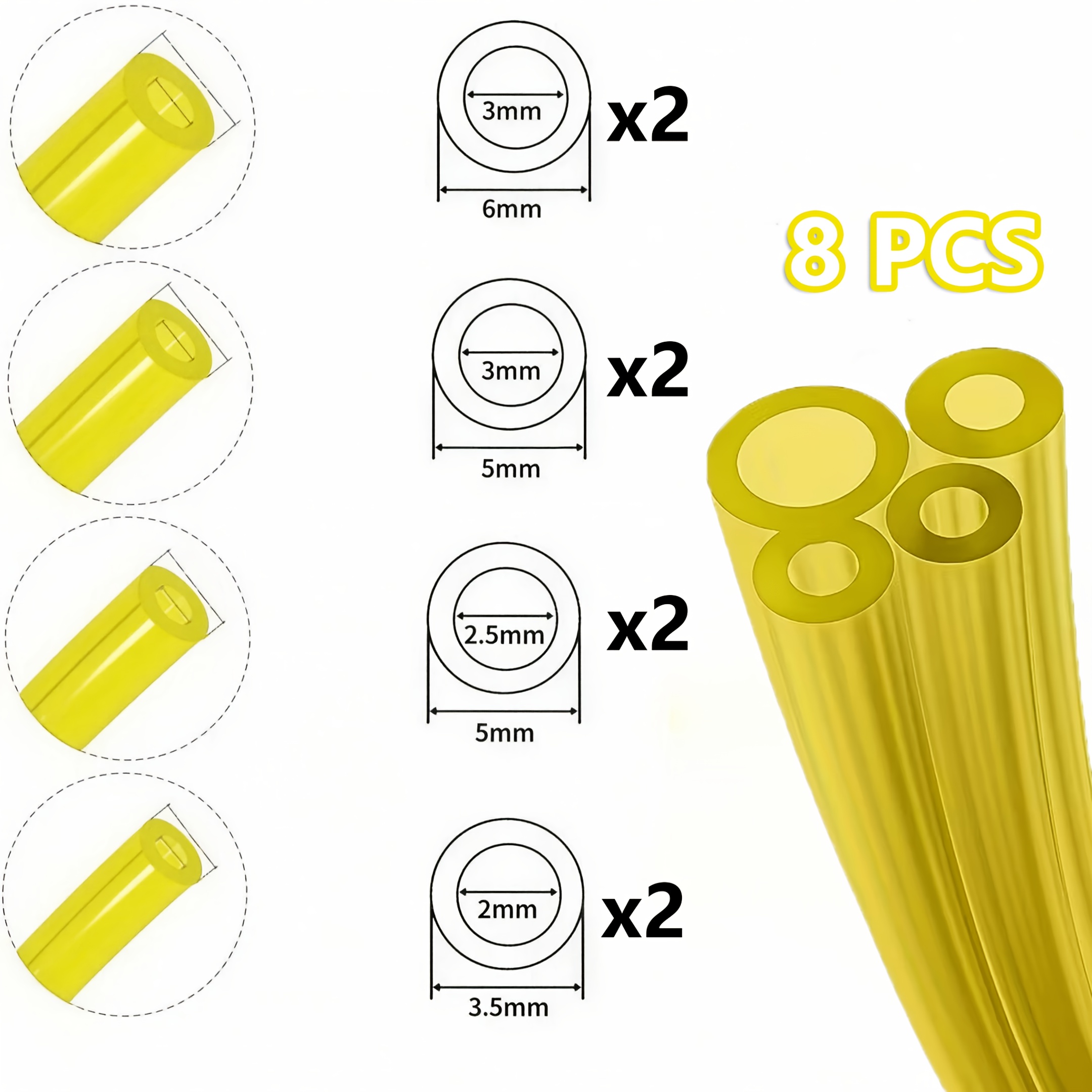 TEMU Set di tubi carburante da 8 pezzi, 4 dimensioni (2 tubi per dimensione), tubi carburante gialli per piccoli motori standard, adatti per , ,