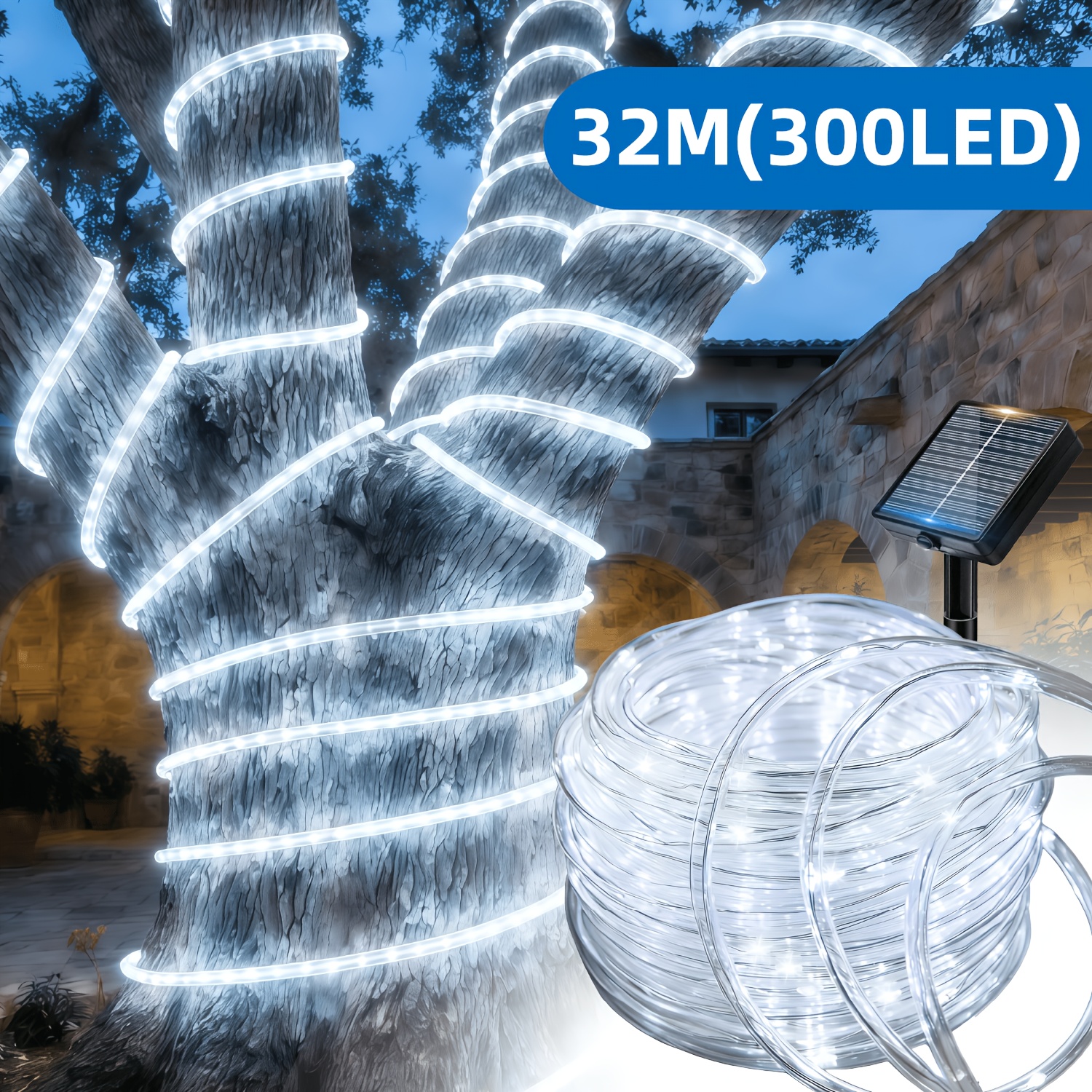TEMU 32m 300led Solar Rope Lights, Ip65 12 Warm White Led Strip Lights, Solar Powered Flexible Tube Lights For Outdoor Garden, Patio, Fence &