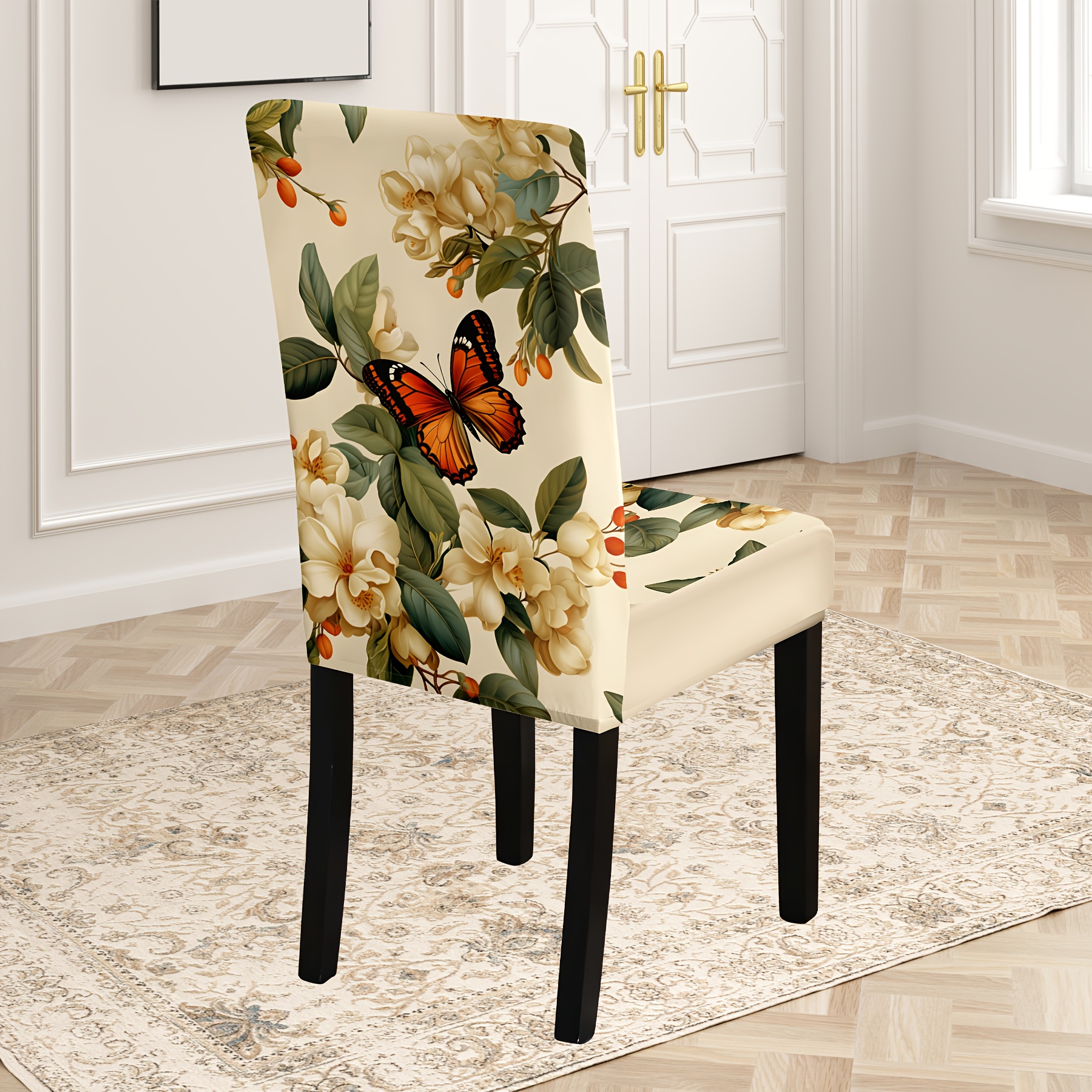 

4pcs/6pcs Classic Butterfly And Floral Print Dining Chair Slipcovers, Elastic-band Design, High Stretch Polyester 88%, Spandex 12%, Machine Washable, Dirt-resistant, Home Chair Decor Covers