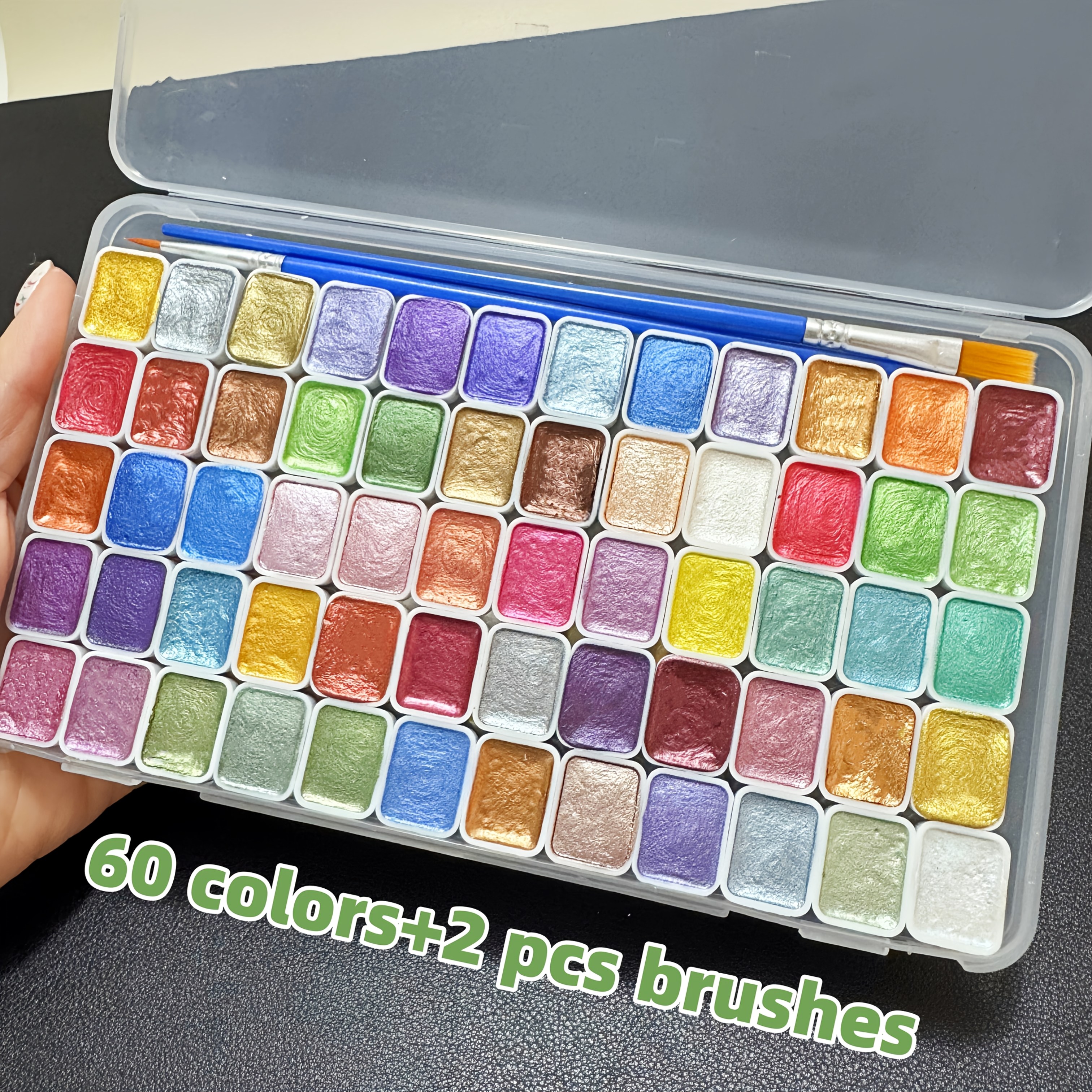 60 Color (with 2 Brushes) Metal Watercolor Paint Kit, Portable Pearl Solid Watercolor Pigment, Suitable For Artists And Professionals, Great For Chinese Painting, , Crafts And , Gift