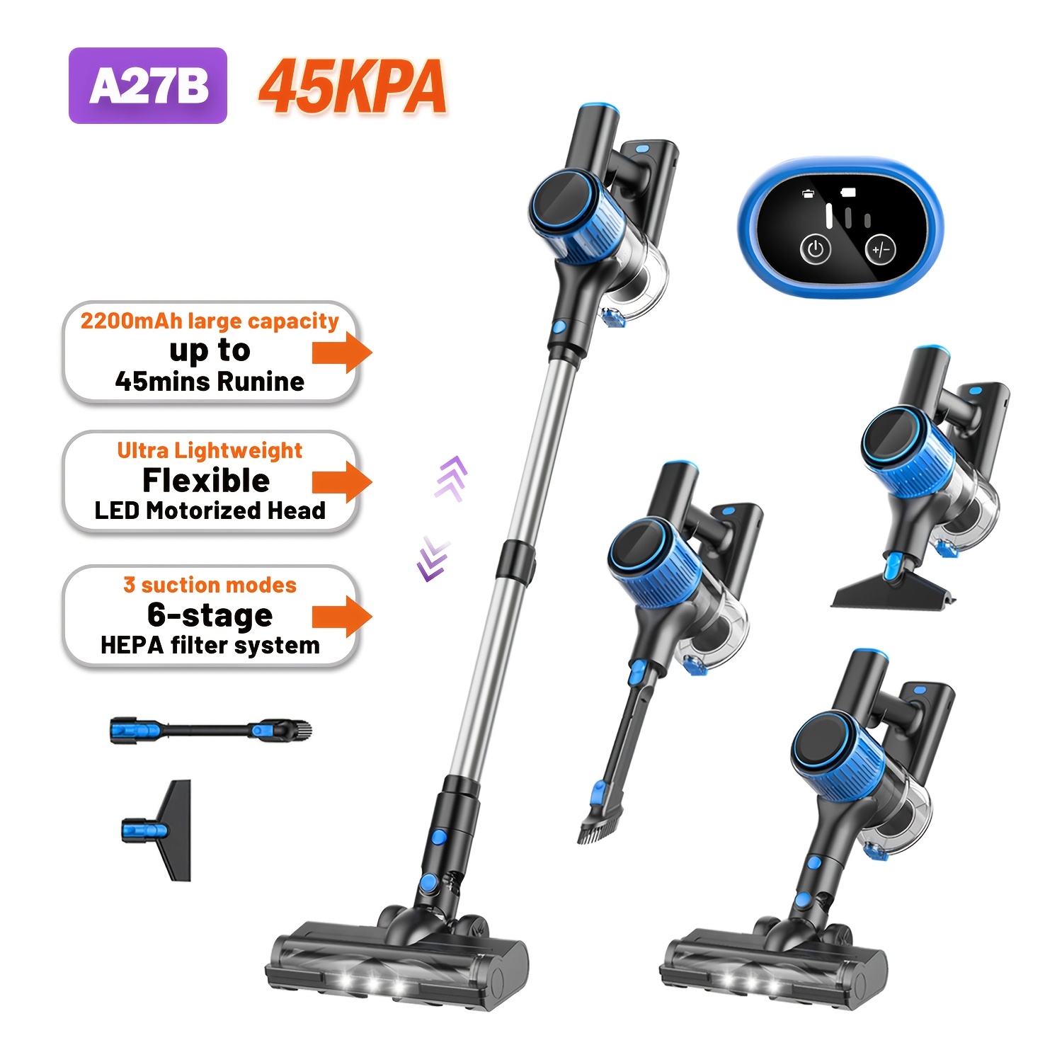 TEMU Cordless Vacuum Cleaner, 8in 1 Powerful Suction Lightweight Vacuum Cleaner For Home, Led Display, 3 Suction Modes, 45mins Detachable Battery