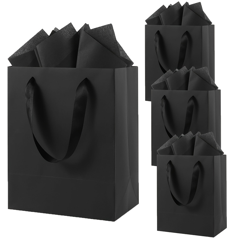 TEMU Sacs Cadeaux Noirs avec Poignées et Papier de Soie - 8X5X10 Pouces, Lot de 4 Sacs Cadeaux en Papier de Taille Moyenne pour Hommes Femmes, Fête