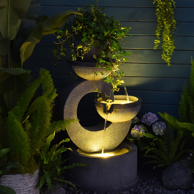 [Lighted Gray Water Fountain] Gray Outdoor Fountain with Lights | Indoor Floor-standing Waterfall for Courtyard, Garden, Terrace & Living Room