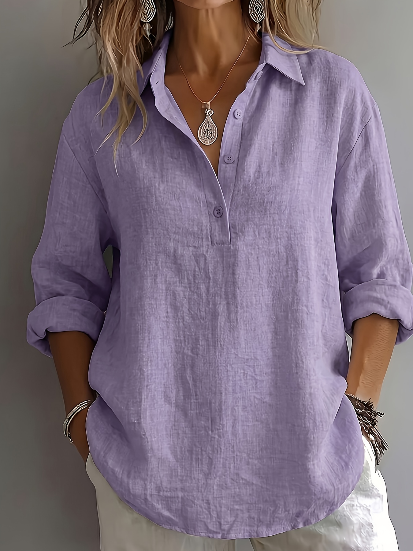 elegantes, bequemes damen-langarmshirt für frühling und herbst in lockerer, einfarbiger mode, lässiger  -freizeit-knopf-halboffenes langarm-top, lässige, vielseitige, atmungsaktive bluse - multifunktionales ganzjahres-top