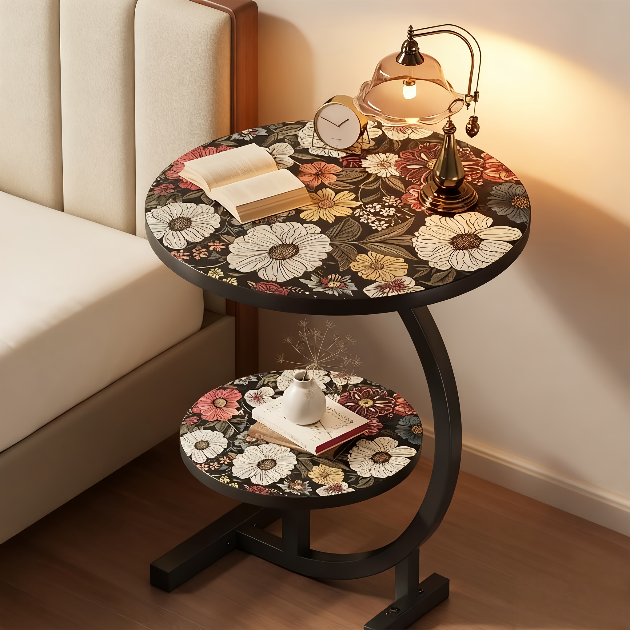 TEMU Luxury Floral Printed Double-layer Bedside Table, Nordic , Double-layer Design For Storage And Organization. Metal Frame Is Solid, Enhancing Of