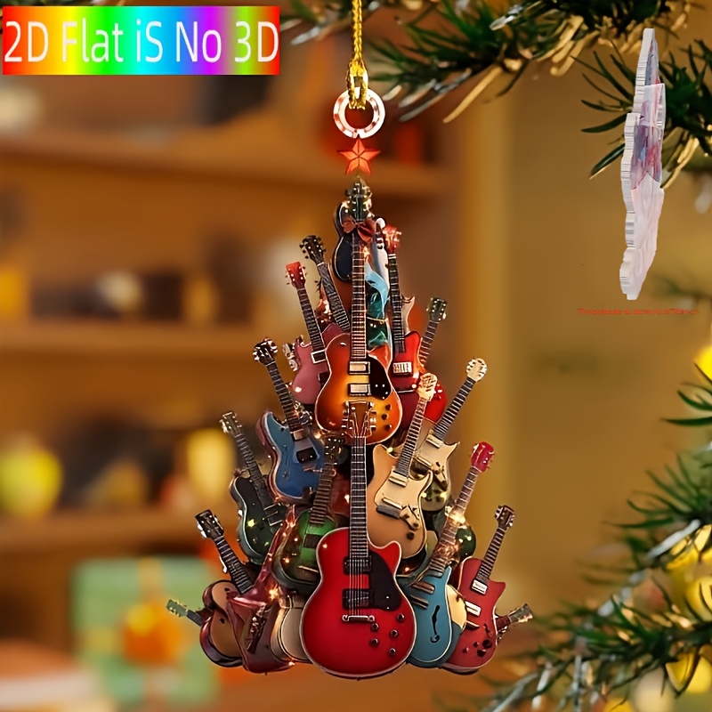 TEMU 2d Flat, Bohemian Music-themed Acrylic Guitar Christmas Tree Ornament - Flat 2d Guitar Pick-shaped Sign For Indoor/outdoor Holiday Decor, Music