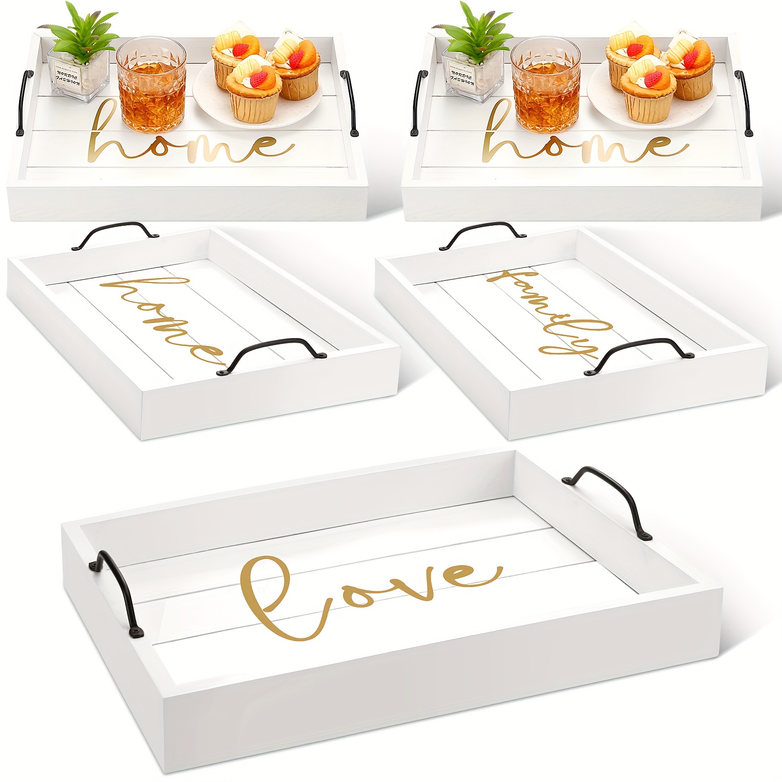 

3 Pcs Serving Tray With Handle Words , Family, Love, Decorative Large Ottoman Tray Rustic Food Tray Wooden Board With Metal Handles Serving Platters, 15.5 X 12 X 3 Inches