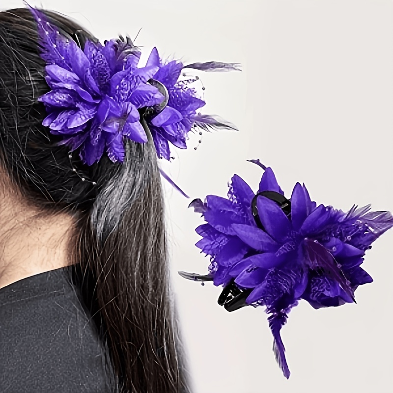 TEMU 1pc Vintage Elegant Purple Flower And Feather Hair Clip, Suitable For Women's Gatherings, Balls, Parties, Or As A Mother's Day Gift