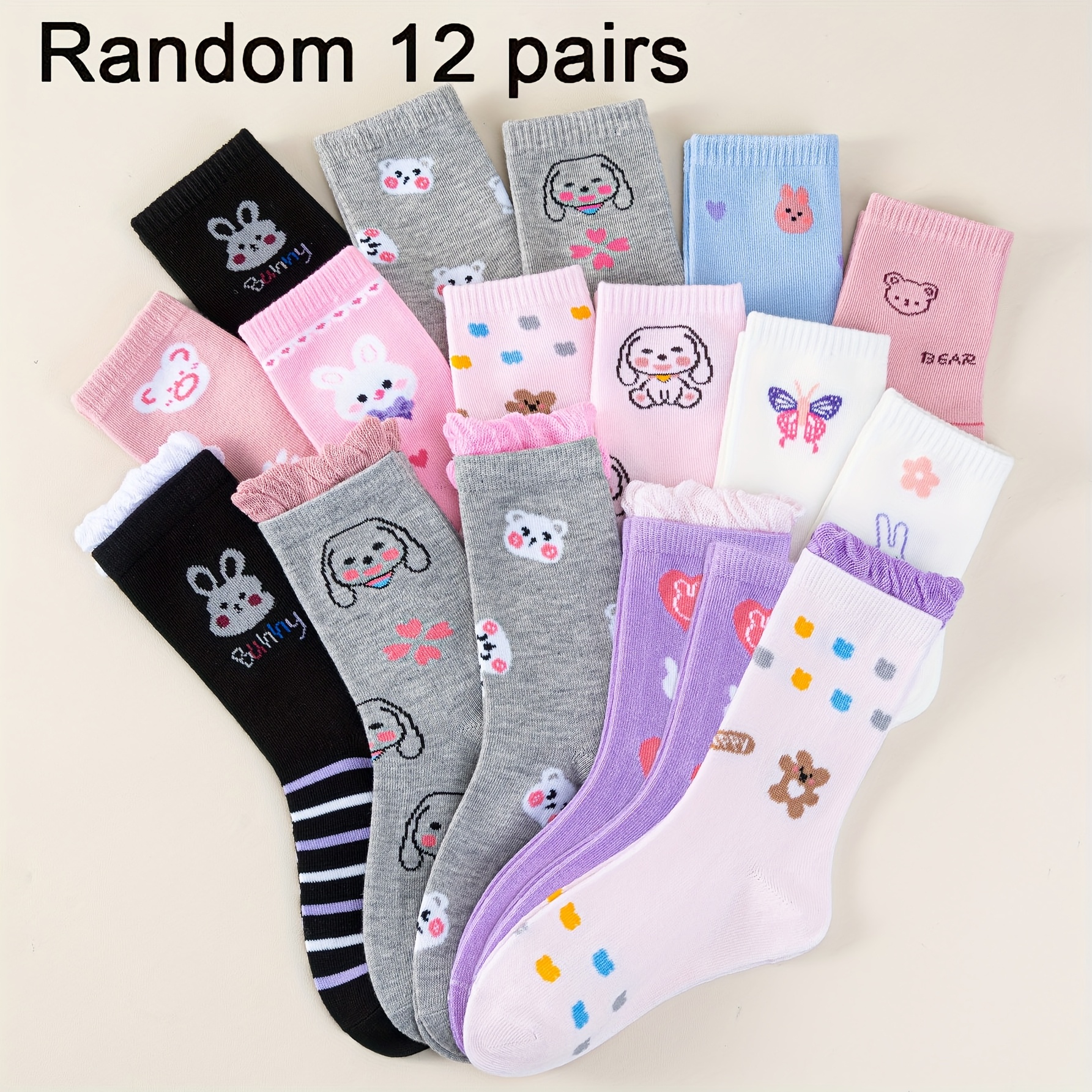 12 Paar 'Schattige Konijn Beer & Hart Enkelsokken Assortiment - Pastel & Multicolor Gerafelde Randen, All-Season Wasmachinebestendig Zacht Als Sokken