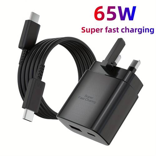 65w dual port usb c fast charger for s25 s25 s25 ultra s24 s24 ultra s23 s23 ultra s22 s21 s20 a55 a54 a14 with 1 meter usb type c charging cable and uk plug for charging
