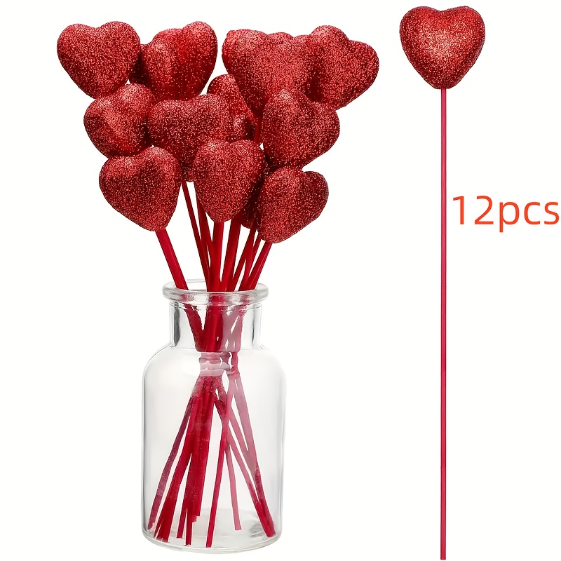 12pcs Valentine Glitter Foam Hearts Picks Sparkly Foam Hearts Stems Wooden Glitter Heart Picks Picks For Valentine Mother's Day Decorations And Flower Arrangements