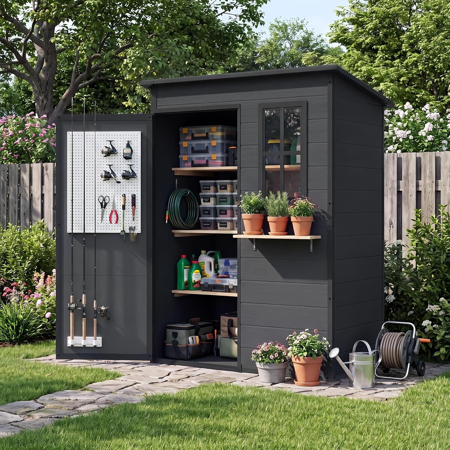 Image of 6x4 Feet Garden Shed, With Floor And Windows, Outdoor Resin Storage Shed, With Ventilation And Roof Drainage System, Easy Slope In The Backyard, 0 Maintenance, Bicycle Storage, Temporary, Removable