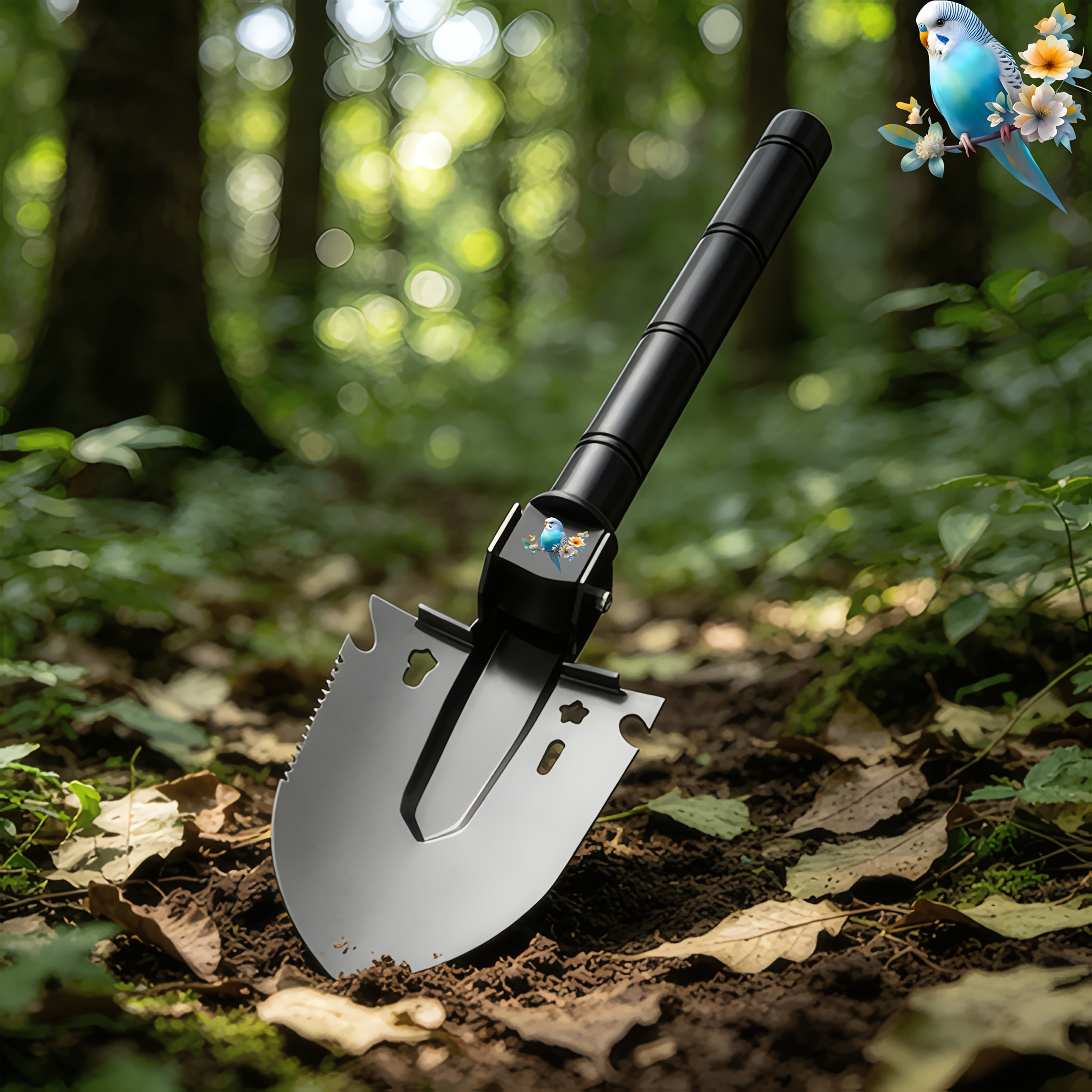 Multi-Functional Shovel with Blue and White Tiger-Striped Design