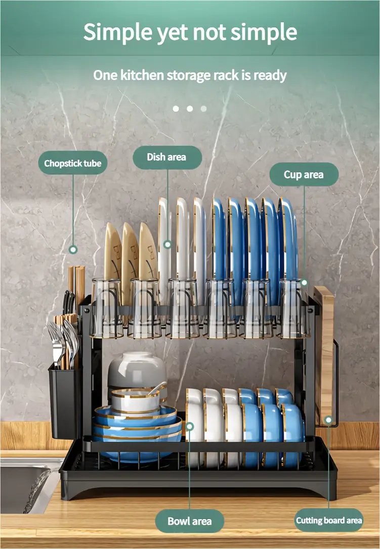two tier kitchen drying rack with utensil holders this black detachable metal set features a and is designed as a standing shelf for kitchen counters its drying dishes and keeping utensils in any from traditional to contemporary to enhance functionality and keep your kitchen clutter free Product details 6