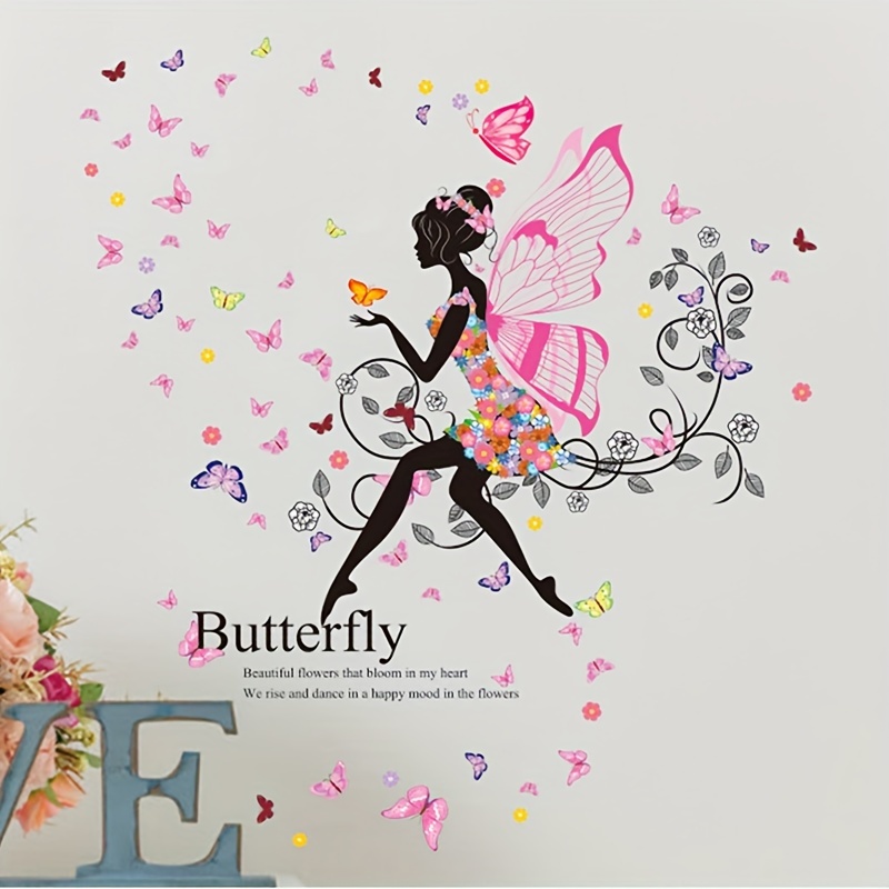 [enchanting] 1pc Creative Wall Sticker, Cartoon Wings Flower Fairy ...