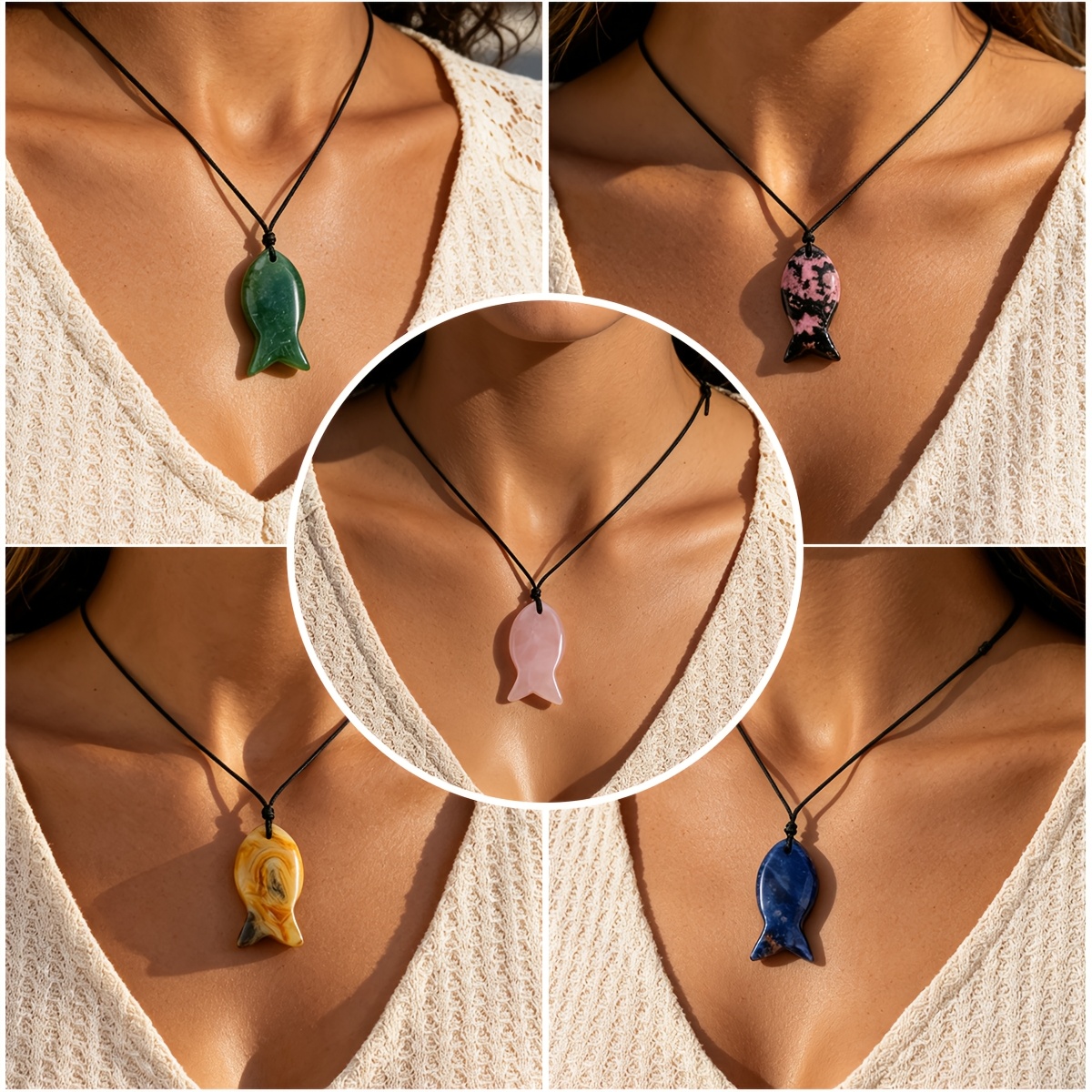 Women's Natural Stone Fish-Shaped Pendant Necklace