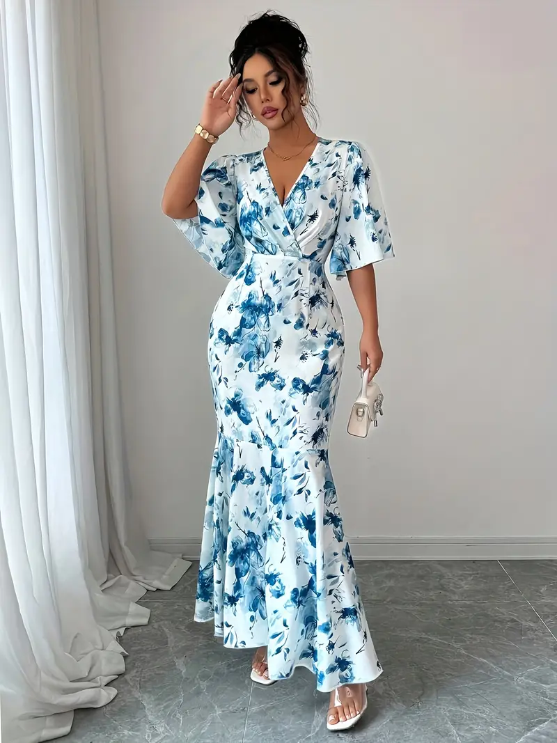 womens elegant floral maxi dress formal semi formal event gown with cross neckline flowy wedding party outfit in blue floral print machine washable non stretch fabric for women Product details 0