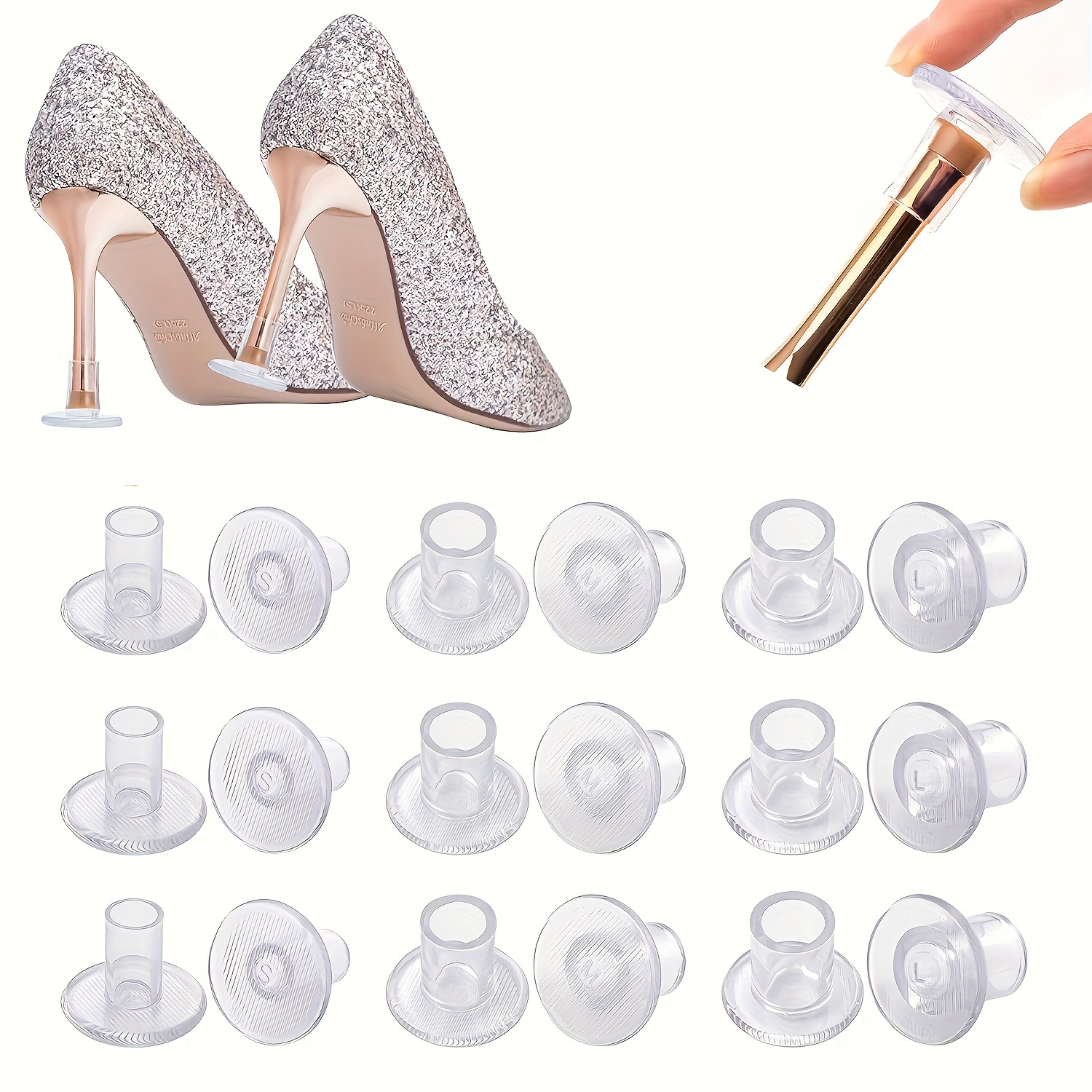 

18pcs/9pairs Transparent High Heel Shoe Protectors, 3 Sizes Soft Heel Covers For Grass Uneven Floor Non-slip Heel Repair Caps For Women Wedding Shoes To Prevent Grass Protectors