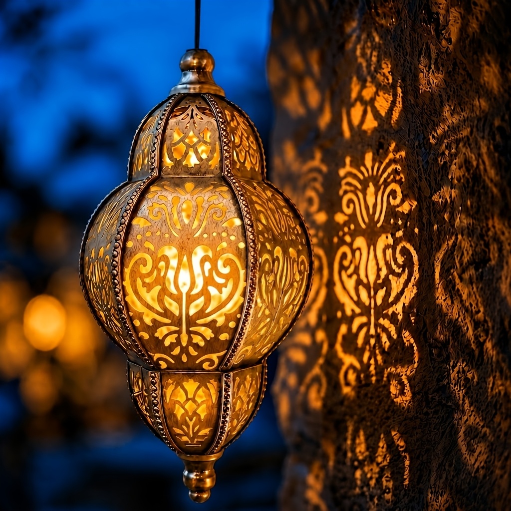 TEMU Farol Sólido Colgante Marroquí, Carga Automática Diurna y Luz Nocturna, Lámpara de Proyección de con Ornamentada, para Decoración Festiva de