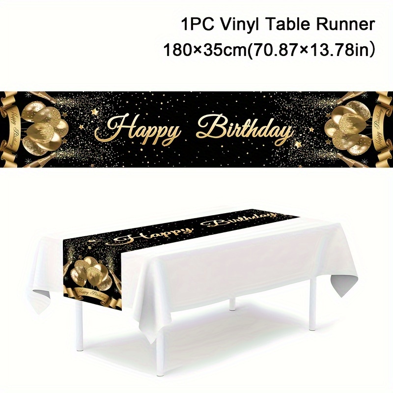 Image of 1pc,black Golden Happy Birthday Table Runner,180*35cm, Pattern Vinyl Table Flag,adults Birthday Supplies,birthday Party Decoration,home Table Decor,event Party Supplies,party Favor