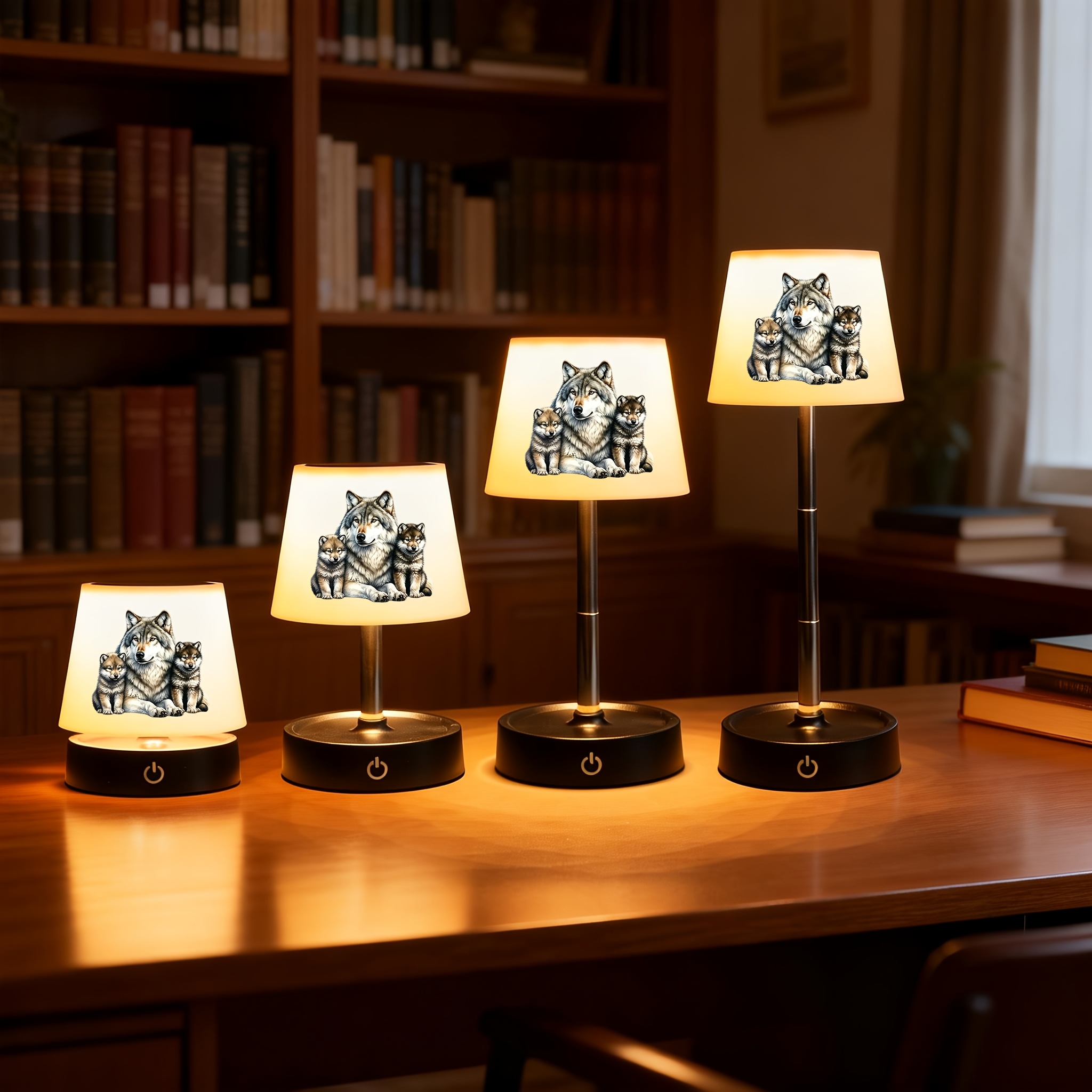 Realistic Grey Wolf with Two Cubs Print Office Lamp, Rechargeable Dimmable