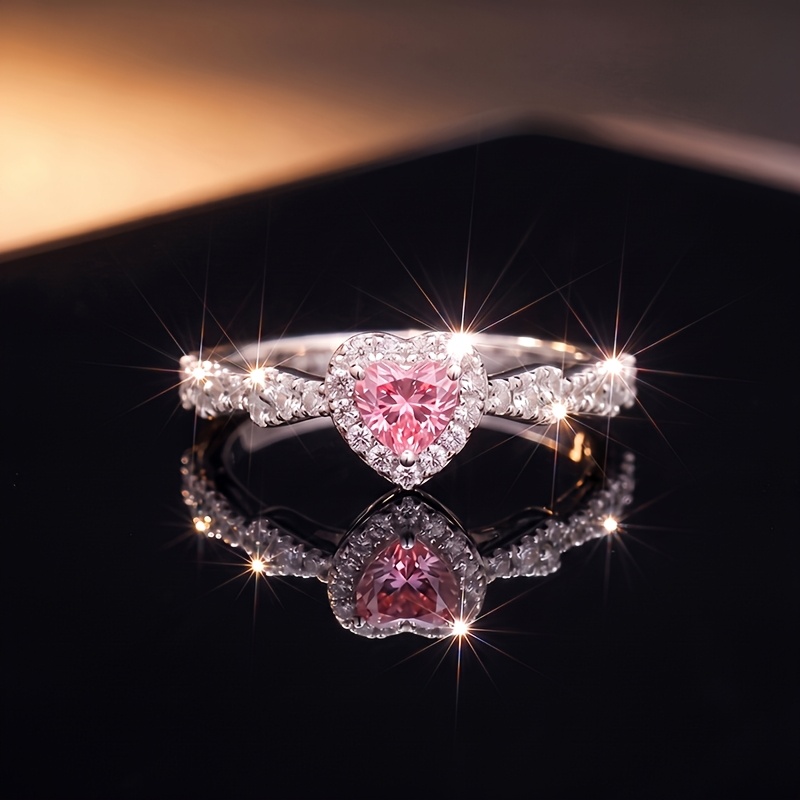 TEMU 1 Anello a Forma di Cuore in Rame Rosa con CZ, Anello Cuore da Donna, e , per Outfit da Festa, San, Regalo per Anniversario, Regalo per Natale