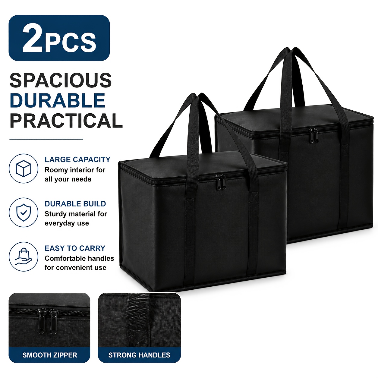 TEMU 2pcs 2pcs Xxxl Insulated Thermal Food Delivery Bags Reusable Suitable For Pizza Catering, Heavy-duty Thermal Cooler Tote With Reflective Lining,